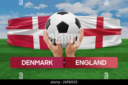 Konzept des Fußballspiels zwischen Dänemark und England. Stockfoto