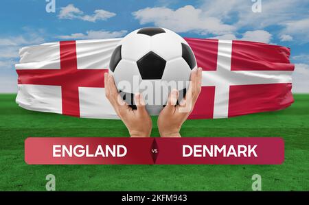 Fußballspiel-Wettkampfkonzept der Nationalmannschaften England gegen Dänemark. Stockfoto