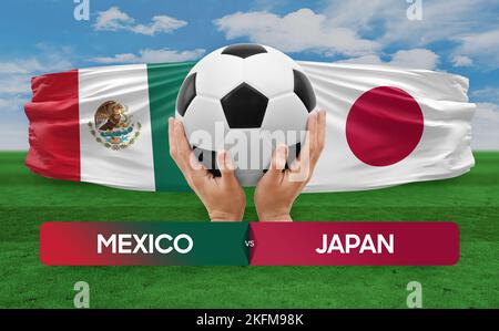 Konzept des Fußballspiels der Nationalmannschaften Mexiko gegen Japan. Stockfoto