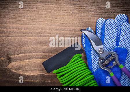 Schutzhandschuhe Metall Garten Pruner weiche Draht Krawatte Gartenkonzept. Stockfoto