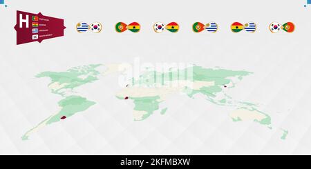 Teilnehmer der Gruppe H des Fußballturniers, in Burgund auf der Weltkarte hervorgehoben. Alle Gruppenspiele. Vektorgrafik. Stock Vektor