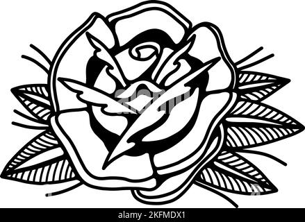 Illustration der Rose im Tattoo-Stil. Design-Element für Logo, Etikett, Schild, Poster. Vektorgrafik Stock Vektor