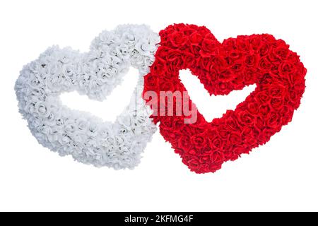 Zwei Herzen sind aus weißen und roten, auf weißem Hintergrund isolierten Rosenschwüngen gefertigt Stockfoto