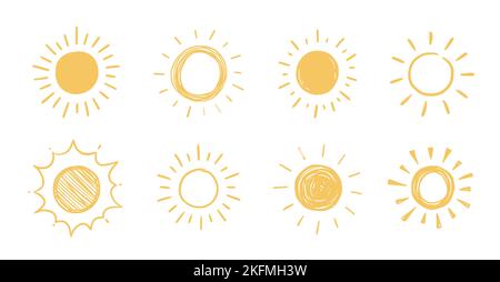 Skizzendarstellung „Doodle Sun“. Handgezeichneter niedlicher orangefarbener Sonnenuntergang. Scribble Doodle Kinder gezeichnet Stil. Vektorgrafik Stock Vektor