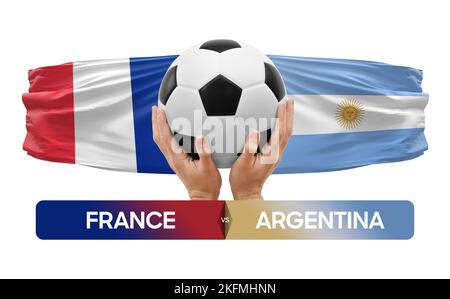 Konzept des Fußballspiels zwischen den Nationalmannschaften Frankreich und Argentinien. Stockfoto