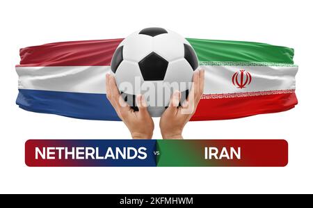 Fußballspiel-Wettkampfkonzept der Nationalmannschaften Niederlande vs Iran. Stockfoto