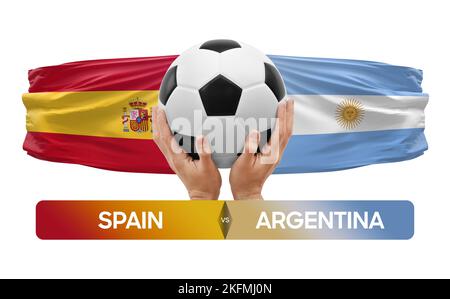 Fußballspiel-Wettkampfkonzept der Nationalmannschaften Spanien gegen Argentinien. Stockfoto