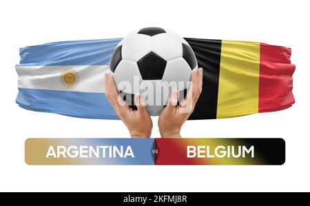 Konzept des Fußballspiels zwischen den Nationalmannschaften Argentinien und Belgien. Stockfoto