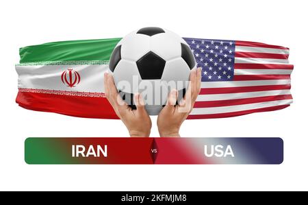 Konzept des Fußballspiels zwischen den Nationalmannschaften Iran und USA. Stockfoto
