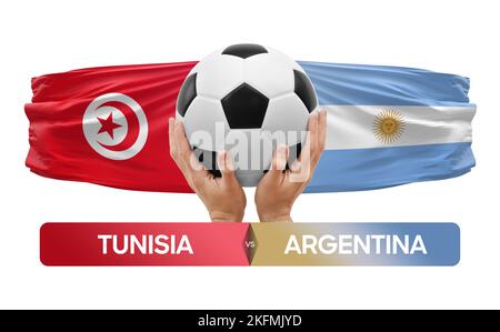 Konzept des Fußballspiels zwischen den Nationalmannschaften Tunesiens und Argentiniens. Stockfoto