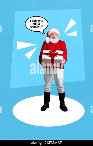 Kreative Foto 3D Collage Postkarte Poster Broschüre der positiven Person santa Klausel geben großes Geschenk isoliert auf Malerei Hintergrund Stockfoto
