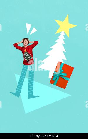 Kreative Foto 3D Collage Kunstwerk Postkarte Poster Broschüre Banner von funky Mädchen schockiert niedrigen Preisen Geschenk isoliert auf Malerei Hintergrund Stockfoto
