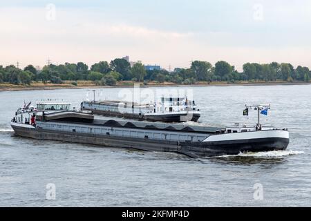 Ein Industrieschiff mit Fracht auf dem Rhein bei Duisburg Stockfoto