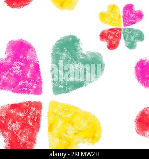 Handgezeichnetes Aquarell Valentines nahtloses Muster mit farbigen Marken von Herzen in Form von Blumen. Valentinstag, Hochzeit, Geburtstagsmuster Stockfoto