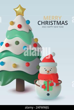 Realistischer moderner schneebedeckter Weihnachtsbaum und Schneemann mit Geschenk. Plakat, Postkarte für Veranstaltungen zu Neujahr und Weihnachten. Vektor Stock Vektor