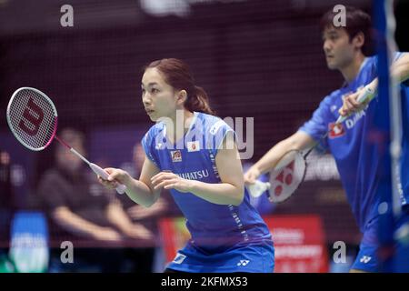 SYDNEY, AUSTRALIEN - 17. NOVEMBER: Misaki Matsutomo aus Japan in Aktion beim gemischten Doppelspiel zwischen Japan und Taipei am 17. November 2022 im Quaycenter in Sydney, Australien Stockfoto