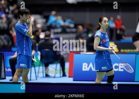 SYDNEY, AUSTRALIEN - 17. NOVEMBER: Yuki Kaneko und Misaki Matsutomo aus Japan sind während des gemischten Doppelmatches zwischen Japan und Taipei am 17. November 2022 im Quaycenter in Aktion Stockfoto