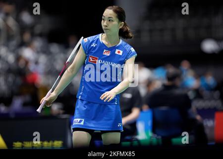 SYDNEY, AUSTRALIEN - 17. NOVEMBER: Misaki Matsutomo aus Japan in Aktion beim gemischten Doppelspiel zwischen Japan und Taipei am 17. November 2022 im Quaycenter in Sydney, Australien Stockfoto