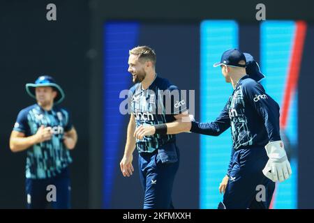 Sydney, Australien. 19.. November 2022. 19.. November 2022; Sydney Cricket Ground, Sydney, NSW, Australien; 2. One Day International Cricket Australien gegen England; Chris Woakes aus England feiert die Teilnahme an Travis Head of Australia für 19 Runs Credit: Action Plus Sports Images/Alamy Live News Stockfoto