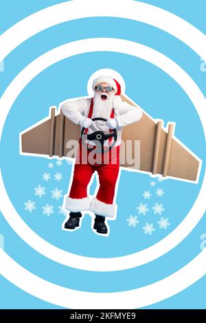 Vertikale Collage Bild von funky alten santa Hände halten Rad fliegen Jetpack isoliert auf Zeichnung Hintergrund Stockfoto