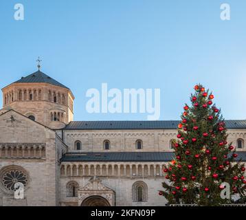 Trento Weihnachten, Glockenturm der Kathedrale auf der Piazza del Duomo in Trento mit Weihnachtsbaum - Trento Stadt, Trentino Alto Adige - Norditalien, Stockfoto