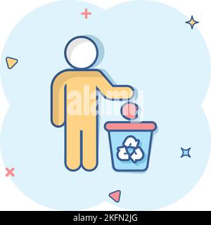 Mülltonne mit People-Ikone im Comic-Stil. Recyceln Sie Cartoon-Vektor-Illustration auf weißem isolierten Hintergrund. Papierkorb Splash-Effekt Zeichen Geschäft Stock Vektor