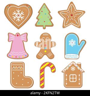 Eine große Reihe von Weihnachts-Lebkuchen: Lebkuchenhäuser, Lebkuchenmann, Schneeflocken, Socke, Weihnachtsbaum, Glocke, Stern, Fäustling. Vektorgrafik Stock Vektor