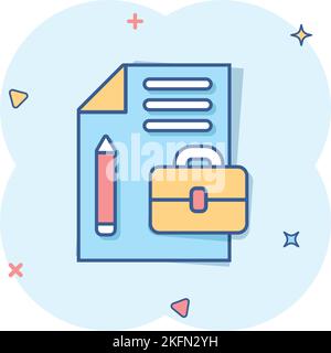 Dokumentnotiz mit Stiftsymbol im Comic-Stil. Papier Blatt Bleistift und Aktentasche Cartoon Vektor-Illustration auf weißem Hintergrund. Notizblock Dokument Splash Stock Vektor