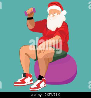 Winter Ende der Saison Verkauf Hintergrunddesign. Minimal flaches Konzept von Santa Claus lächelnd und sitzt auf einem Fitness-Ball und hält eine kleine Hantel. Vektorgrafik Stock Vektor