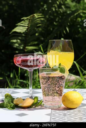 Erfrischende Sommercocktails auf einem Gartentisch. Nahaufnahme von Gläsern mit verschiedenen Getränken. Party im Garten. Stockfoto