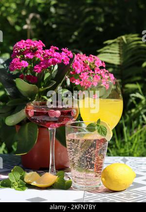 Erfrischende Sommercocktails auf einem Gartentisch. Nahaufnahme von Gläsern mit verschiedenen Getränken. Party im Garten. Stockfoto