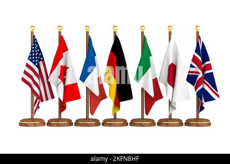 Flags G7 auf weißen Hintergrund setzen. Isolierte 3D-Abbildung Stockfoto