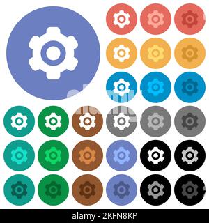 Einfarbige flache Symbole mit Zahnrad auf runden Hintergründen. Inklusive weißer, heller und dunkler Symbolvariationen für schwebe- und aktive Statuseffekte Stock Vektor