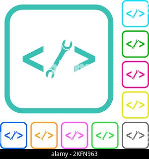 Web-Entwicklung mit Schraubenschlüssel lebendige farbige flache Symbole in gekrümmten Rändern auf weißem Hintergrund Stock Vektor