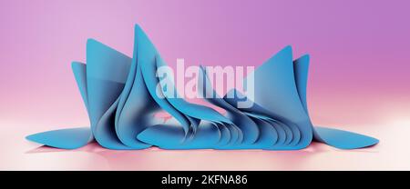 3D Rendering: Blaue Papiere fallen auf rosa Hintergrund, surreale Kunstwerke Stockfoto