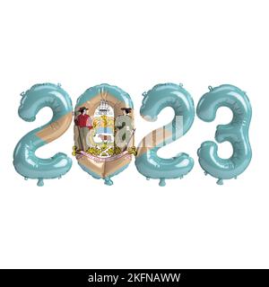 3D Abbildung von 2023 Ballons in Delaware-Flaggenfarbe isoliert auf weißem Hintergrund Stockfoto