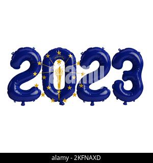 3D Abbildung von 2023 Ballons in Indiana-Flaggenfarbe isoliert auf weißem Hintergrund Stockfoto