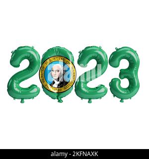 3D Illustration von 2023 Ballons in Washington Flagge Farbe isoliert auf weißem Hintergrund Stockfoto