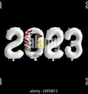 3D Illustration von 2023 Ballons in Illinois Flaggenfarbe isoliert auf schwarzem Hintergrund Stockfoto