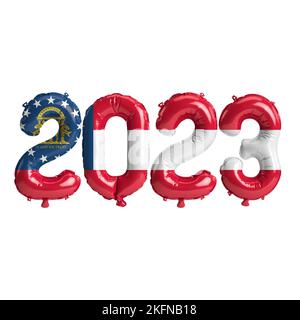 3D Abbildung von 2023 Ballons in georgischer Flaggenfarbe isoliert auf weißem Hintergrund Stockfoto