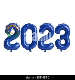 3D Illustration von 2023 Ballons in Nevada Flaggenfarbe isoliert auf weißem Hintergrund Stockfoto