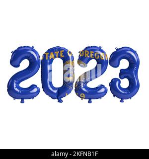 3D Abbildung von 2023 Ballons in Oregon-Flaggenfarbe isoliert auf weißem Hintergrund Stockfoto