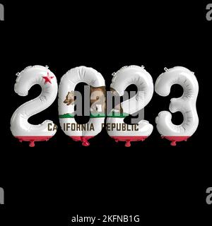 3D Illustration von 2023 Ballons in kalifornischer Flaggenfarbe isoliert auf schwarzem Hintergrund Stockfoto