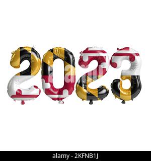 3D Illustration von 2023 Ballons in Maryland Flaggenfarbe isoliert auf weißem Hintergrund Stockfoto