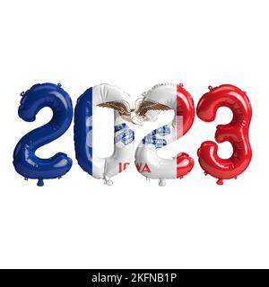 3D Abbildung von 2023 Ballons in Iowa-Flaggenfarbe isoliert auf weißem Hintergrund Stockfoto