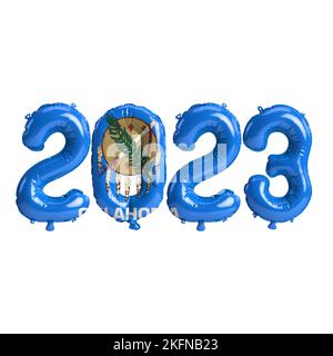 3D Illustration von 2023 Ballons in Oklahoma-Flaggenfarbe isoliert auf weißem Hintergrund Stockfoto