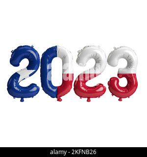 3D Abbildung von 2023 Ballons in texanischer Flaggenfarbe isoliert auf weißem Hintergrund Stockfoto