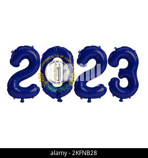3D Abbildung von 2023 Ballons in Kentucky-Flaggenfarbe isoliert auf weißem Hintergrund Stockfoto