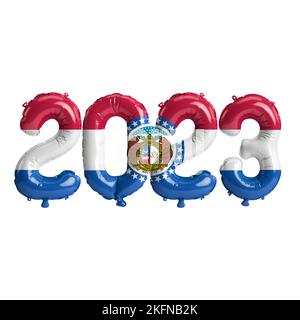 3D Illustration von 2023 Ballons in Missouri Flaggenfarbe isoliert auf weißem Hintergrund Stockfoto