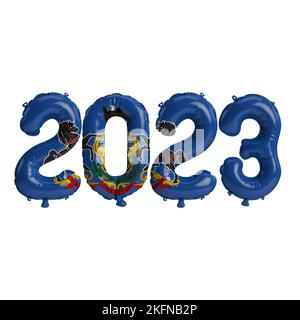 3D Abbildung von 2023 Ballons in Pennsylvania-Flaggenfarbe isoliert auf weißem Hintergrund Stockfoto